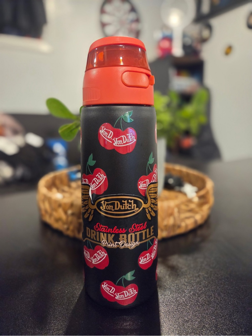 Von Dutch Red & Black Stainless Steel Drink Bottle - Cherry Print